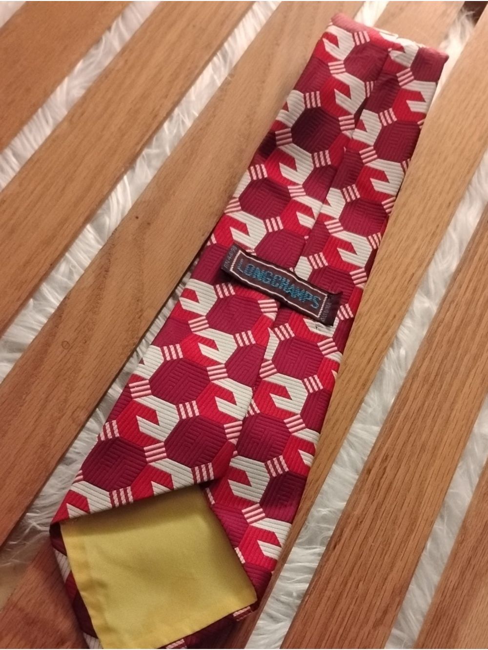 Vintage Longchamps Men's Neck Tie. Red and White geometric Pattern.